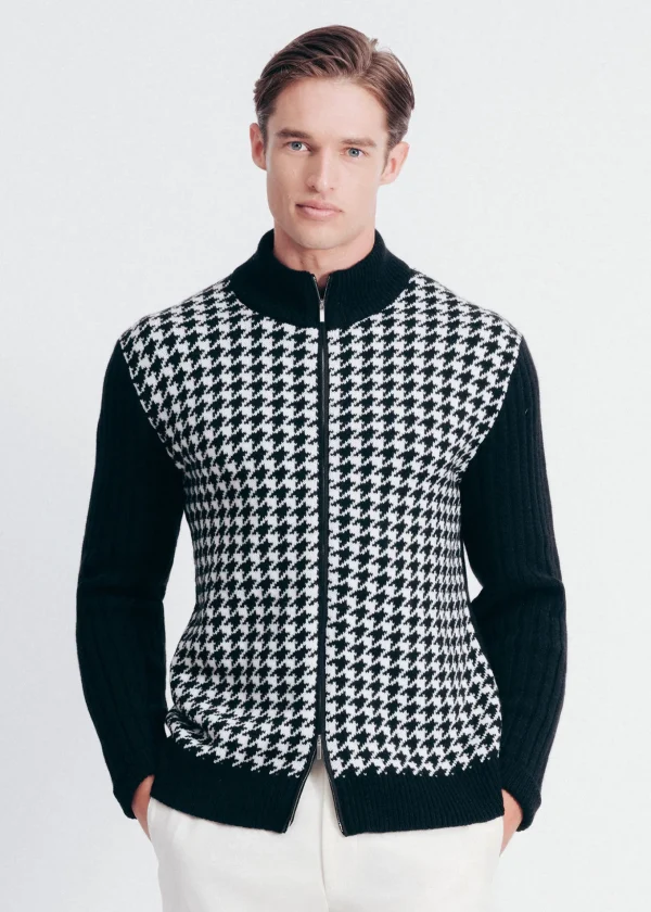 Cashmere Houndstooth Full Zip Sweater