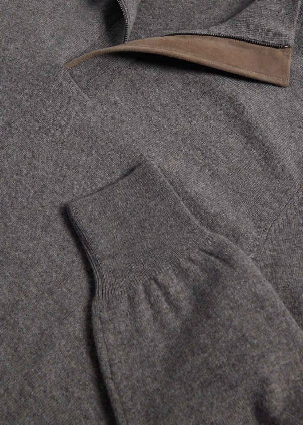 Cashmere Quarter Zip With Suede Trim