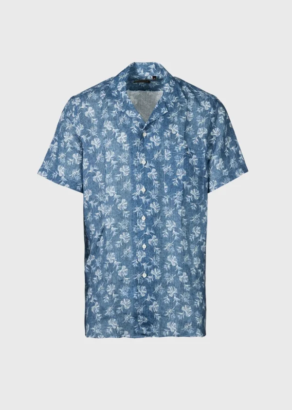Linen Leaf Print Camp Shirt