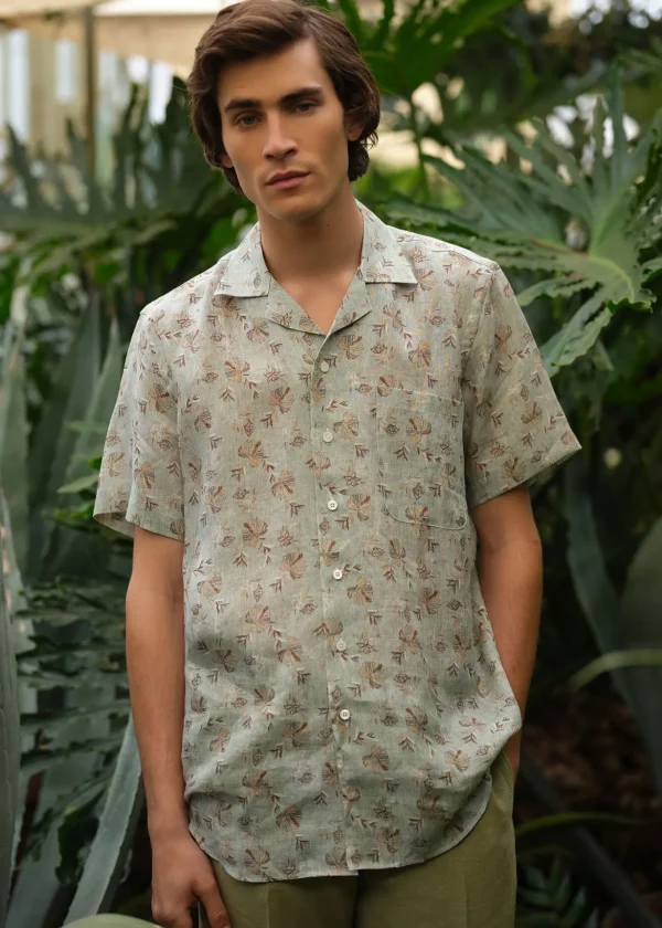 Linen Leaf Print Camp Shirt