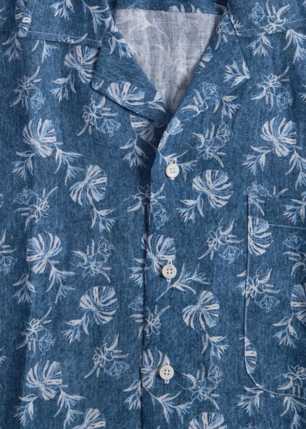 Linen Leaf Print Camp Shirt