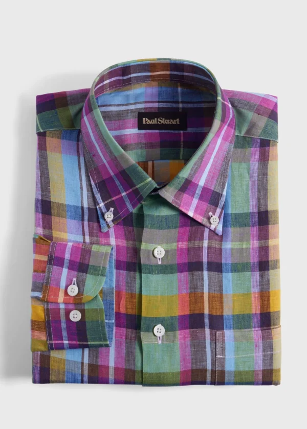 Linen Multicolor Plaid Sport Shirt