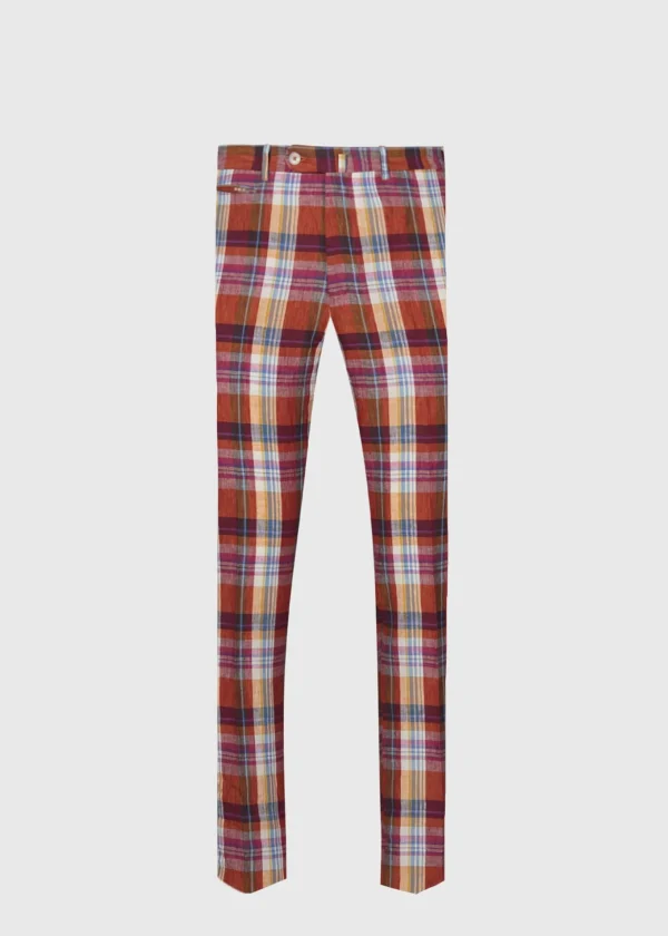Linen Plaid Plain Front Dress Trouser