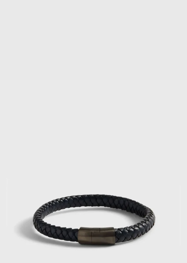 Navy Braided Leather Bracelet With Sterling Silver Closure