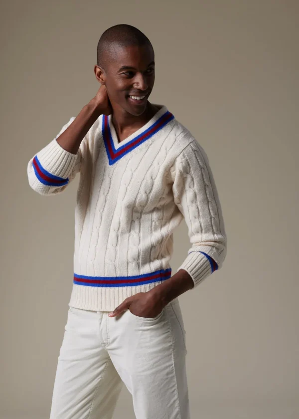 Striped V-Neck Tennis Sweater